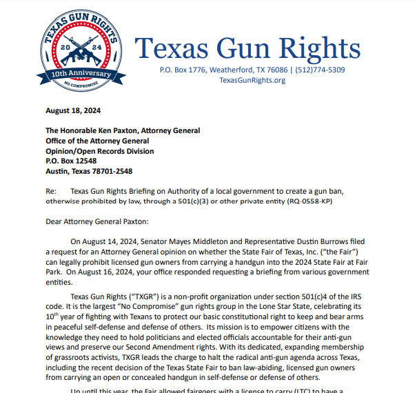 Texas Gun Rights Brief to AG Paxton Over State Fair Carry Ban